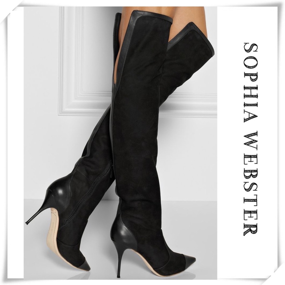 Sophia Webster Hallie Nubuck Leather Over the Knee Heel Boot in Black - Picture 1 of 16
